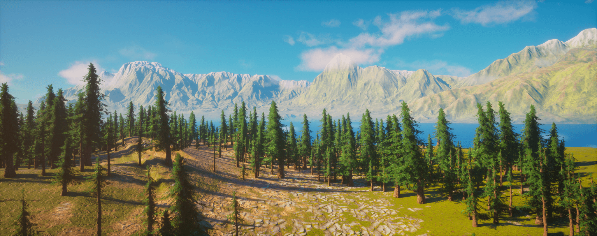 Pine forest and mountain lake